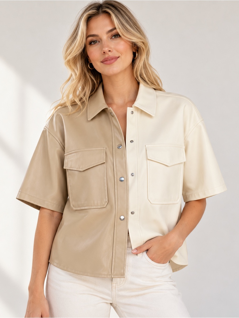 AQUA Faux Leather Colorblock Short Sleeve Shacket Size L